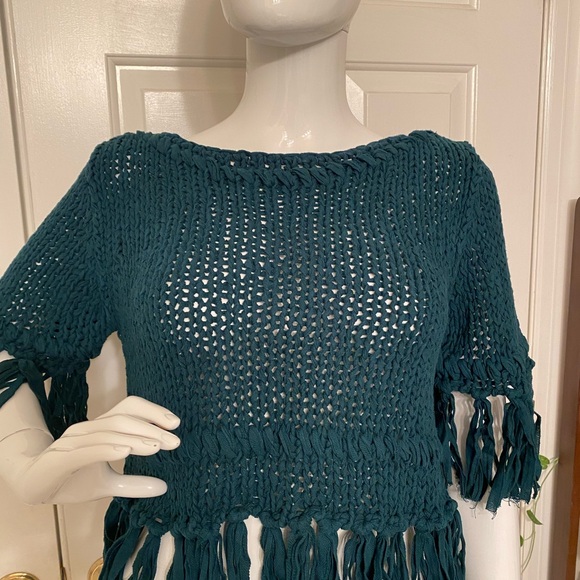 Free People Sweaters - Free People On the Fringe Teal Knit Swater size S